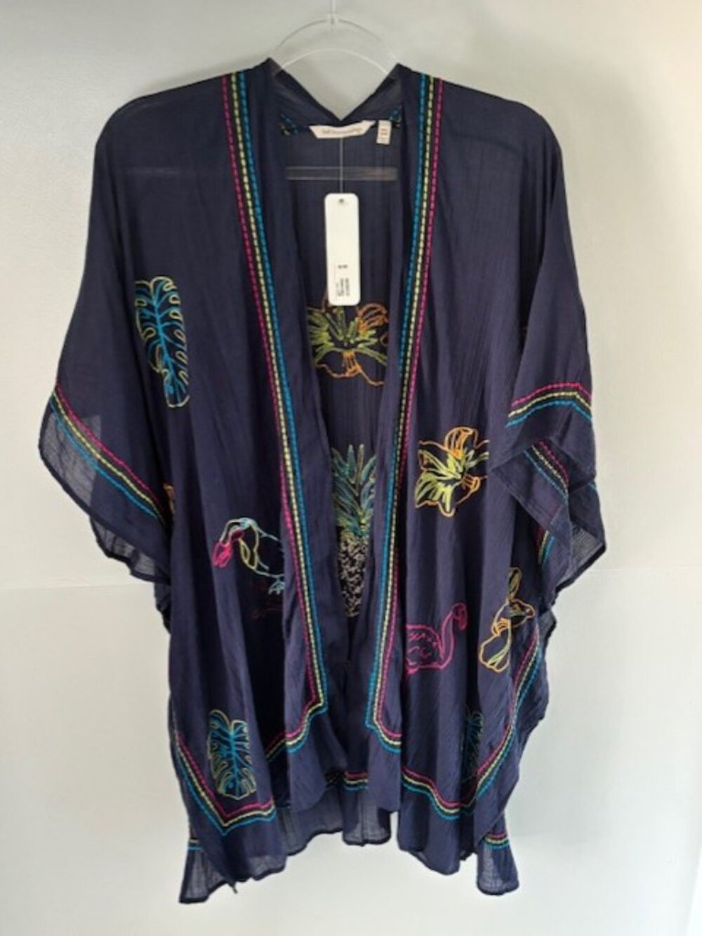Soft Surroundings NWT One Size Navy Embroidered Tropical Kimono Cover Up Resort - Picture 5 of 10